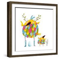 Funny Bird Family Mother and Nestling Egg Kid. Funny Bird Family Mother and Nestling. Bird Parent F-Popmarleo-Framed Art Print