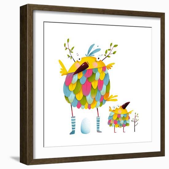 Funny Bird Family Mother and Nestling Egg Kid. Funny Bird Family Mother and Nestling. Bird Parent F-Popmarleo-Framed Art Print