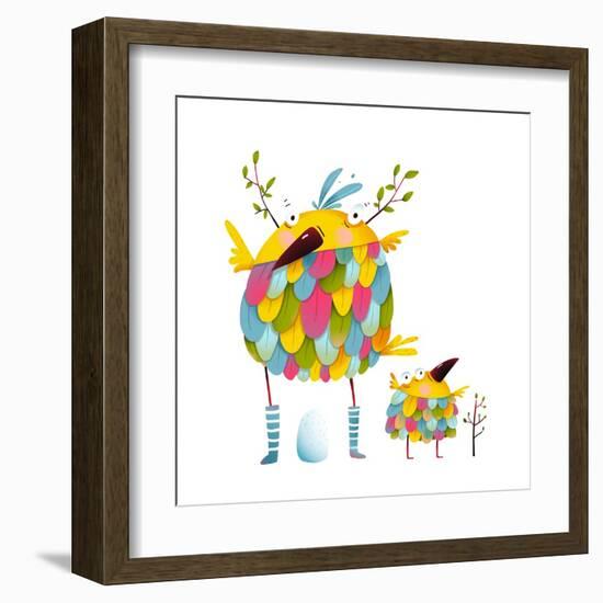 Funny Bird Family Mother and Nestling Egg Kid. Funny Bird Family Mother and Nestling. Bird Parent F-Popmarleo-Framed Art Print