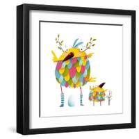 Funny Bird Family Mother and Nestling Egg Kid. Funny Bird Family Mother and Nestling. Bird Parent F-Popmarleo-Framed Art Print