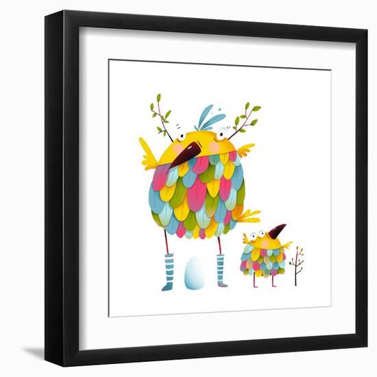 Funny Bird Family Mother and Nestling Egg Kid. Funny Bird Family Mother and Nestling. Bird Parent F-Popmarleo-Framed Art Print