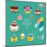 Funny Birthday Set. Birthday Cake, Invitation, Clown, Balloons, Gifts, Candles. Vector Illustration-Serbinka-Mounted Art Print