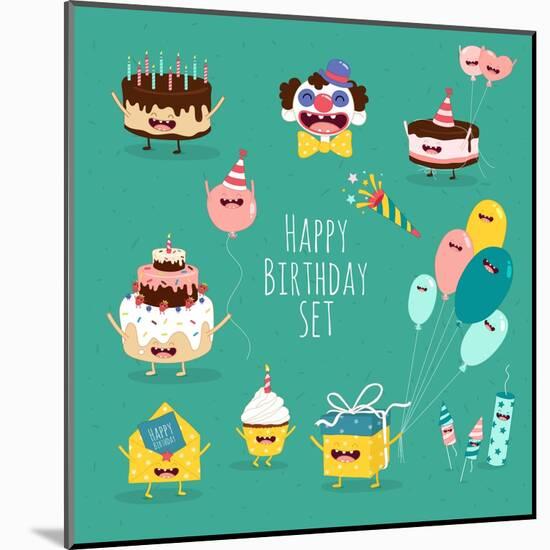 Funny Birthday Set. Birthday Cake, Invitation, Clown, Balloons, Gifts, Candles. Vector Illustration-Serbinka-Mounted Art Print