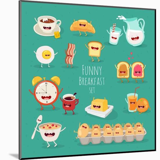 Funny Breakfast Set. Comic Characters. Vector Illustrations.-Serbinka-Mounted Art Print