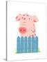 Funny Cartoon Pig Sitting over Fence. Childish Hand Drawn Cartoon of a Little Pig on Farm. Vector I-Popmarleo-Stretched Canvas