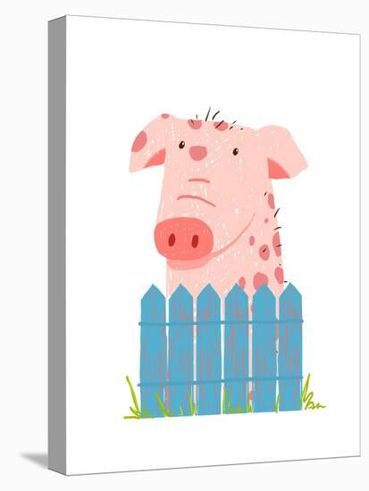 Funny Cartoon Pig Sitting over Fence. Childish Hand Drawn Cartoon of a Little Pig on Farm. Vector I-Popmarleo-Stretched Canvas