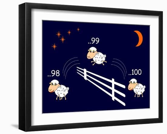 Funny Cartoon Sheep Jumping through the Fence-Amicabel-Framed Art Print