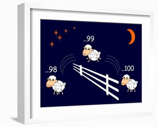 Funny Cartoon Sheep Jumping through the Fence-Amicabel-Framed Art Print