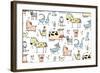 Funny Cartoon Village Domestic Animals Seamless Pattern Background for Kids. Countryside Cottage An-Popmarleo-Framed Art Print