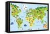 Funny Cartoon World Map with Children of Different Nationalities, Animals and Monuments of All the-asantosg-Framed Stretched Canvas