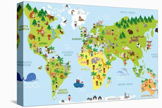 Funny Cartoon World Map with Children of Different Nationalities, Animals and Monuments of All the-asantosg-Stretched Canvas