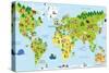 Funny Cartoon World Map with Children of Different Nationalities, Animals and Monuments of All the-asantosg-Stretched Canvas