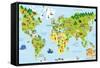 Funny Cartoon World Map with Children of Different Nationalities, Animals and Monuments of All the-asantosg-Framed Stretched Canvas