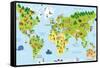 Funny Cartoon World Map with Children of Different Nationalities, Animals and Monuments of All the-asantosg-Framed Stretched Canvas
