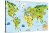 Funny Cartoon World Map with Children of Different Nationalities, Animals and Monuments of All the-asantosg-Stretched Canvas