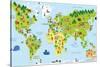 Funny Cartoon World Map with Children of Different Nationalities, Animals and Monuments of All the-asantosg-Stretched Canvas