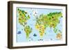 Funny Cartoon World Map with Children of Different Nationalities, Animals and Monuments of All the-asantosg-Framed Premium Giclee Print