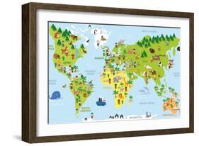 Funny Cartoon World Map with Children of Different Nationalities, Animals and Monuments of All the-asantosg-Framed Art Print