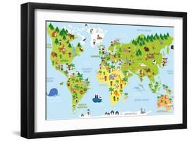 Funny Cartoon World Map with Children of Different Nationalities, Animals and Monuments of All the-asantosg-Framed Art Print