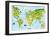 Funny Cartoon World Map with Children of Different Nationalities, Animals and Monuments of All the-asantosg-Framed Art Print