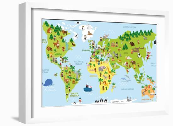 Funny Cartoon World Map with Children of Different Nationalities, Animals and Monuments of All the-asantosg-Framed Art Print