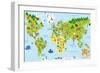 Funny Cartoon World Map with Children of Different Nationalities, Animals and Monuments of All the-asantosg-Framed Art Print