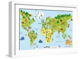 Funny Cartoon World Map with Children of Different Nationalities, Animals and Monuments of All the-asantosg-Framed Art Print