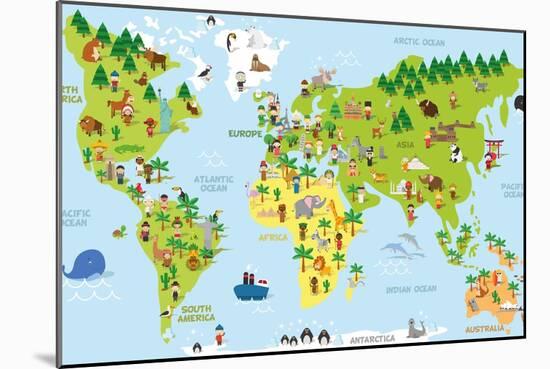 Funny Cartoon World Map with Children of Different Nationalities, Animals and Monuments of All the-asantosg-Mounted Art Print