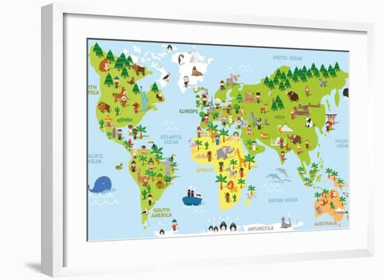 Funny Cartoon World Map with Children of Different Nationalities, Animals and Monuments of All the-asantosg-Framed Art Print