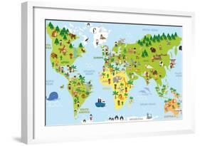 Funny Cartoon World Map with Children of Different Nationalities, Animals and Monuments of All the-asantosg-Framed Art Print