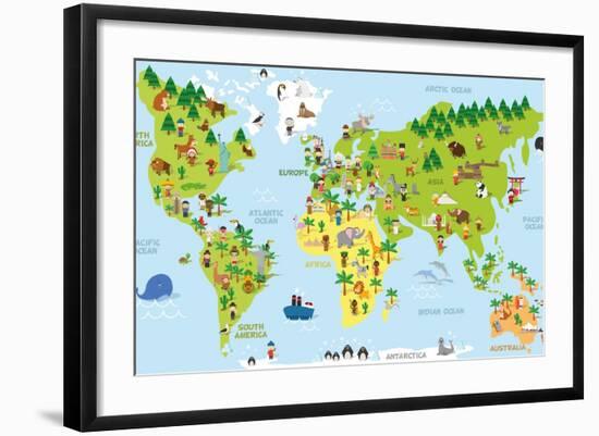 Funny Cartoon World Map with Children of Different Nationalities, Animals and Monuments of All the-asantosg-Framed Art Print