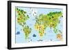 Funny Cartoon World Map with Children of Different Nationalities, Animals and Monuments of All the-asantosg-Framed Art Print