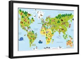 Funny Cartoon World Map with Children of Different Nationalities, Animals and Monuments of All the-asantosg-Framed Art Print