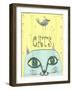 Funny Cat's Head with a Bird-Elena Barenbaum-Framed Art Print