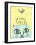 Funny Cat's Head with a Bird-Elena Barenbaum-Framed Art Print