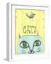 Funny Cat's Head with a Bird-Elena Barenbaum-Framed Art Print