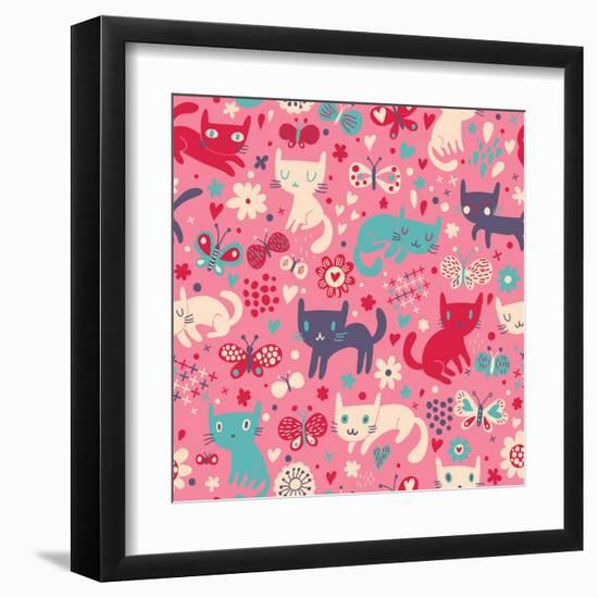 Funny Cats. Cartoon Seamless Pattern for Children Background. Colorful Wallpaper with Cats, Butterf-smilewithjul-Framed Art Print