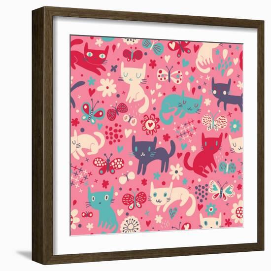 Funny Cats. Cartoon Seamless Pattern for Children Background. Colorful Wallpaper with Cats, Butterf-smilewithjul-Framed Art Print