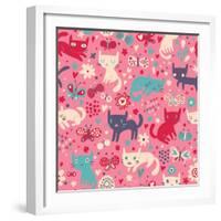 Funny Cats. Cartoon Seamless Pattern for Children Background. Colorful Wallpaper with Cats, Butterf-smilewithjul-Framed Art Print