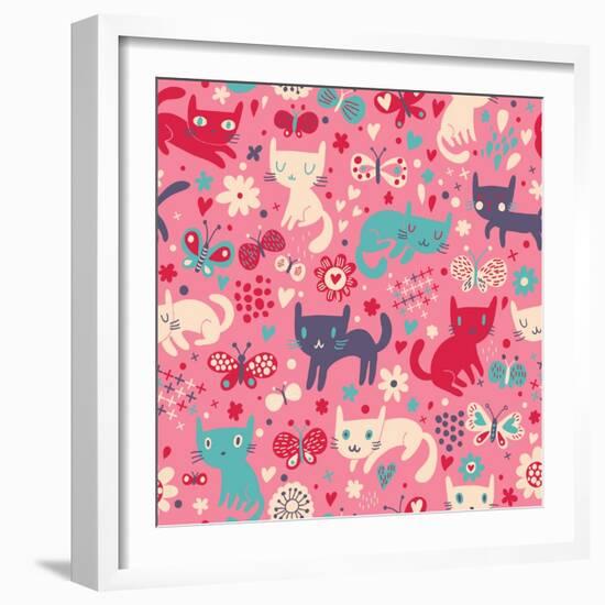 Funny Cats. Cartoon Seamless Pattern for Children Background. Colorful Wallpaper with Cats, Butterf-smilewithjul-Framed Art Print