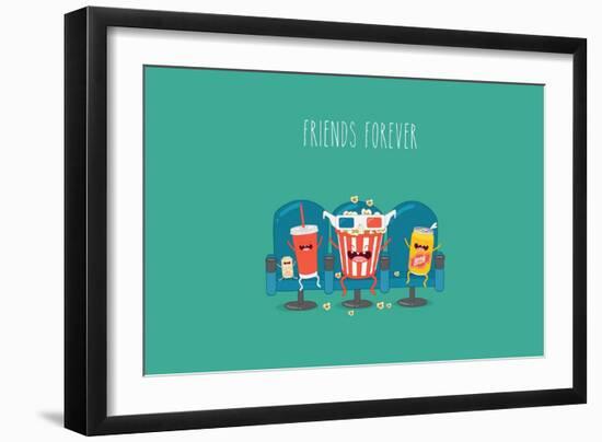 Funny Characters Cola, Ticket, Popcorn and Beer in the Cinema-Serbinka-Framed Art Print