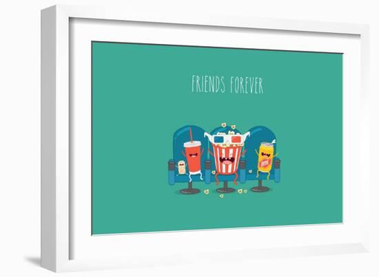 Funny Characters Cola, Ticket, Popcorn and Beer in the Cinema-Serbinka-Framed Art Print