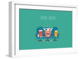 Funny Characters Cola, Ticket, Popcorn and Beer in the Cinema-Serbinka-Framed Art Print