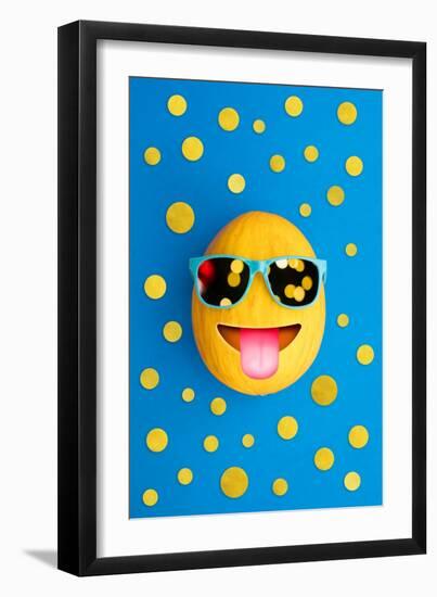 Funny Cheerful Melon with Sunglasses on a Blue Colorful-Lobro-Framed Art Print