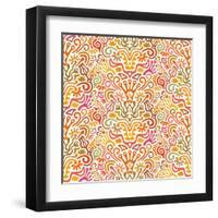Funny Colorful Seamless Pattern with Abstract Flowers, Leaves, Hearts, Crowns, Eggs, Keys,-amovita-Framed Art Print