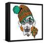 Funny Dog in Hat, Scarf and Glasses. Vector Illustration.-Vitaly Grin-Framed Stretched Canvas