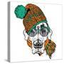 Funny Dog in Hat, Scarf and Glasses. Vector Illustration.-Vitaly Grin-Stretched Canvas