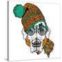 Funny Dog in Hat, Scarf and Glasses. Vector Illustration.-Vitaly Grin-Stretched Canvas