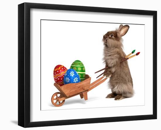 Funny Easter Bunny Rabbit With A Wheelbarrow And Some Easter Eggs-mdorottya-Framed Photographic Print