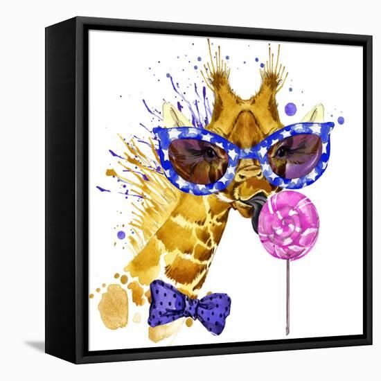 Funny Giraffe T-Shirt Graphics. Funny Giraffe Illustration with Splash Watercolor Textured Backgrou-Dabrynina Alena-Framed Stretched Canvas